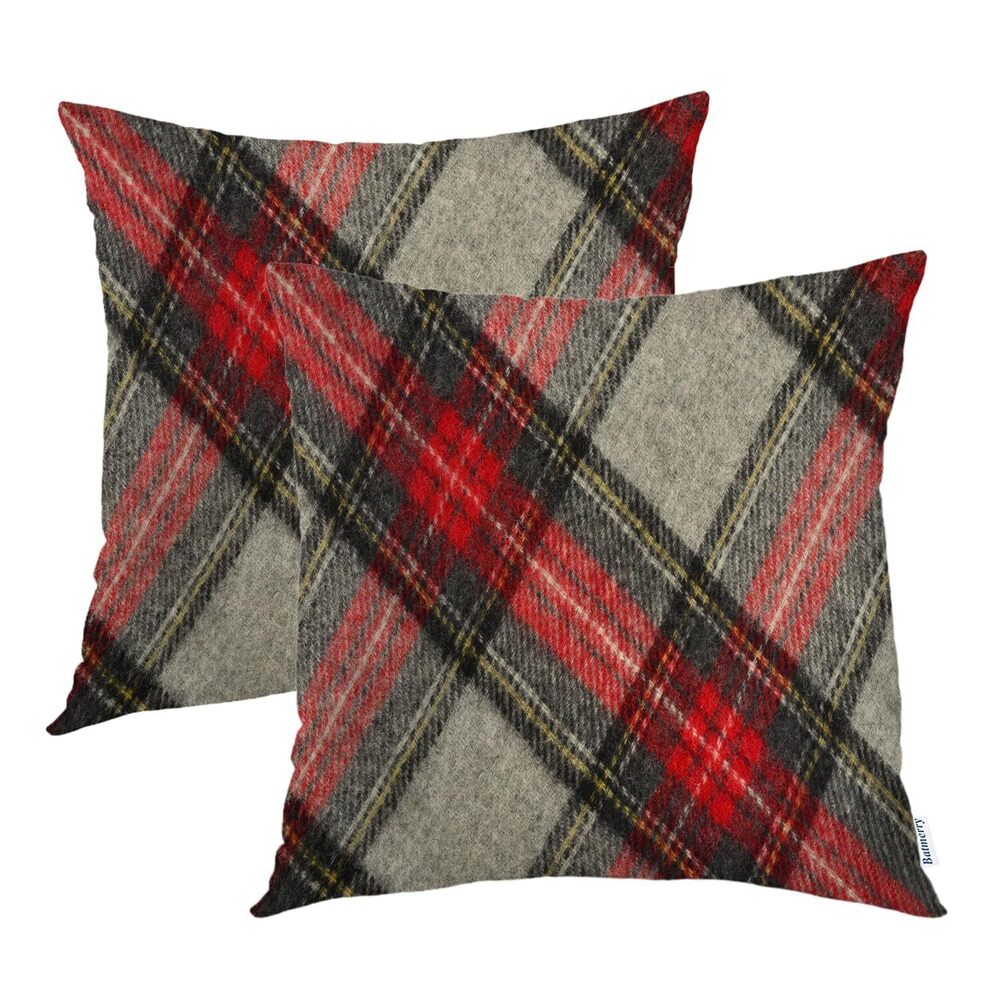 1390 Red Grey Black Color Plaid Throw Pillow Covers, Red Black Gray Modern